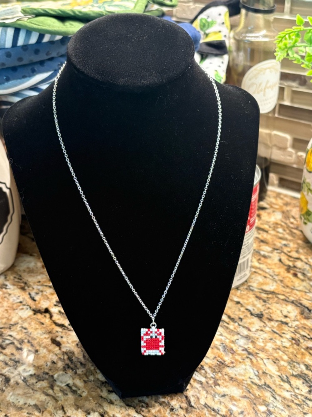 Hand beaded Crab Pendant Necklace in Silver